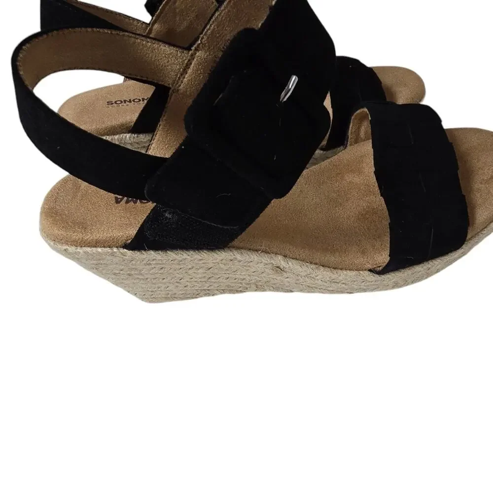 Black Suede Espadrille Wedge Sandals Size 6 Ankle Strap Memory Foam Open Toe